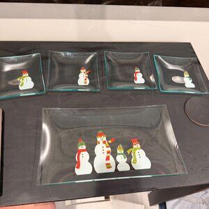 Vintage Snowman-Themed Glass Serving Tray & 4 Small Plates Set